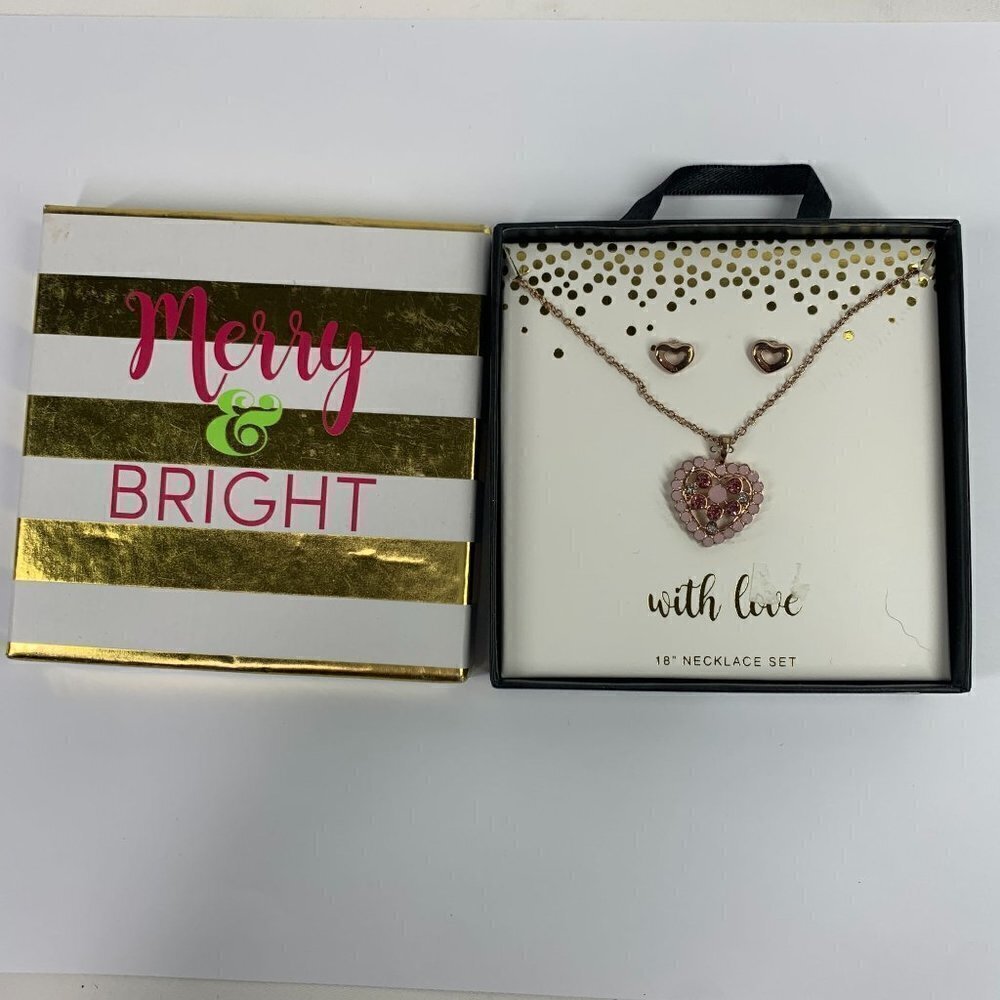 Merry & Bright Pink Heart Pendant & Gold Chainlink Necklace & Earring Set 18"L